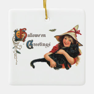 Vintage Halloween Greetings, Child Witch with Cat Ceramic Ornament