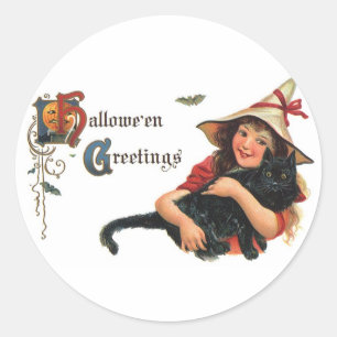 Vintage Halloween Greetings, Child Witch with Cat Classic Round Sticker
