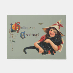 Vintage Halloween Greetings, Child Witch with Cat Doormat