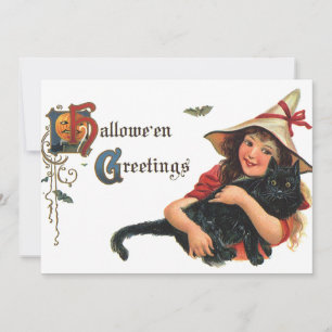 Vintage Halloween Greetings, Child Witch with Cat Invitation