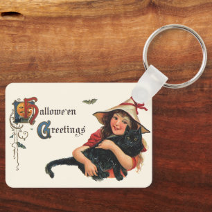 Vintage Halloween Greetings, Child Witch with Cat Keychain