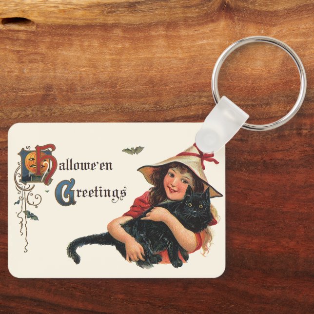 Vintage Halloween Greetings, Child Witch with Cat Keychain (Front)
