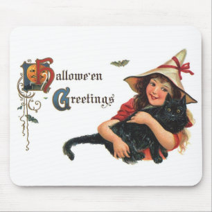 Vintage Halloween Greetings, Child Witch with Cat Mouse Pad