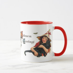 Vintage Halloween Greetings, Child Witch with Cat Mug