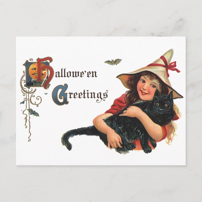 Vintage Halloween Greetings, Child Witch with Cat Postcard (Front)