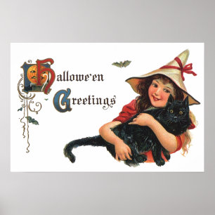 Vintage Halloween Greetings, Child Witch with Cat Poster