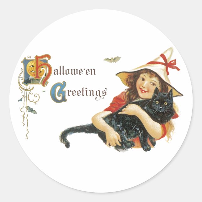 Vintage Halloween Greetings Classic Round Sticker (Front)