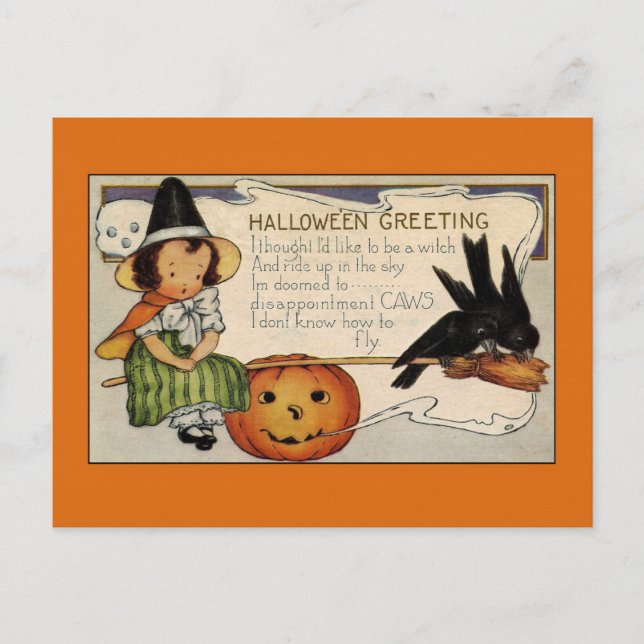 Vintage Halloween Greetings Cute Witch Postcard (Front)