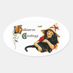 Vintage Halloween Greetings Oval Sticker