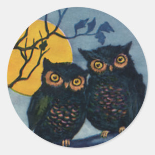 Vintage Halloween Greetings, Owls in Tree w Moon Classic Round Sticker