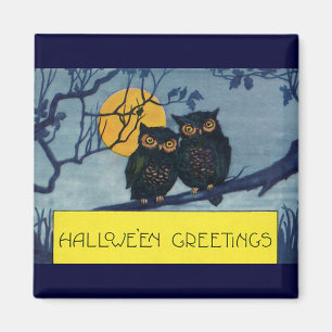 Vintage Halloween Greetings, Owls in Tree w Moon Magnet