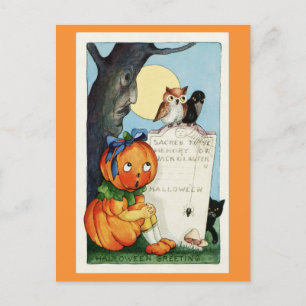 Vintage Halloween Greetings Pumpkin Graveyard  Postcard