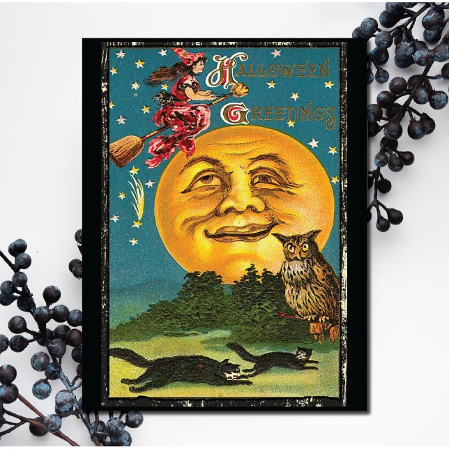 Vintage Halloween Greetings Witch Flying on Broom Invitation (Creator Uploaded)