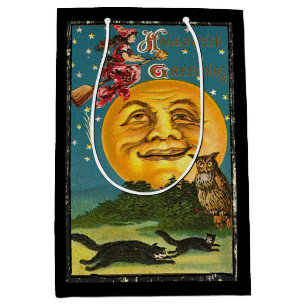 Vintage Halloween Greetings Witch Flying on Broom Medium Gift Bag