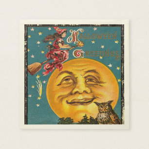 Vintage Halloween Greetings Witch Flying on Broom Napkin
