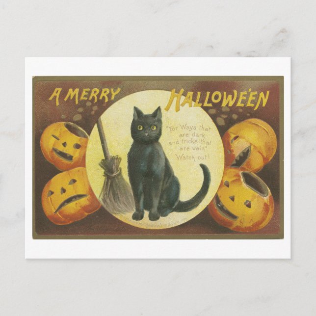 Vintage Halloween Greetings with Black Cat Postcard (Front)