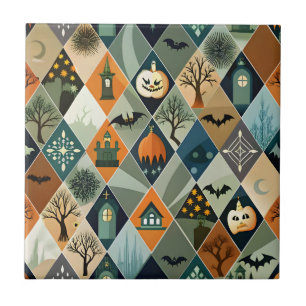 Vintage Halloween Haunted House Diamond Pattern Tile