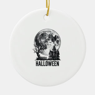 Vintage Halloween Haunted House Moon Shirt Design_ Ceramic Ornament