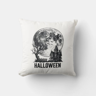 Vintage Halloween Haunted House Moon Shirt Design_ Throw Pillow