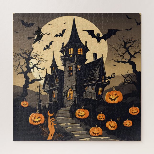 Vintage Halloween Haunted House, Pumpkins, Bats Jigsaw Puzzle (Vertical)