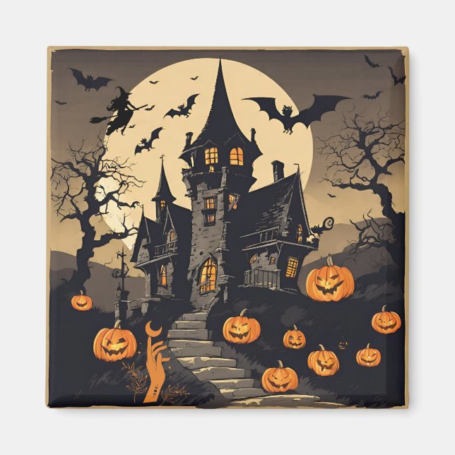 Vintage Halloween Haunted House, Pumpkins, Bats Magnet (Front)