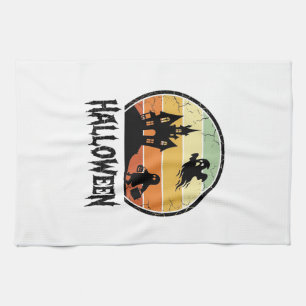 Vintage Halloween Haunted House Sunset Shirt Desig Kitchen Towel