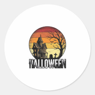 Vintage Halloween Haunted House Sunset Vector Art_ Classic Round Sticker