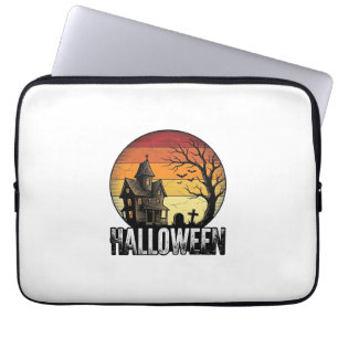 Vintage Halloween Haunted House Sunset Vector Art_ Laptop Sleeve