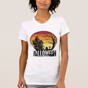 Vintage Halloween Haunted House Sunset Vector Art_ T-Shirt