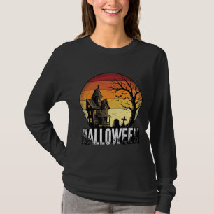 Vintage Halloween Haunted House Sunset Vector Art_ T-Shirt