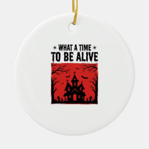 Vintage Halloween Haunted House What A Time Shirt Ceramic Ornament