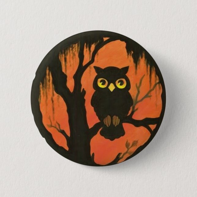 Vintage Halloween Hoot Owl Round Button (Front)
