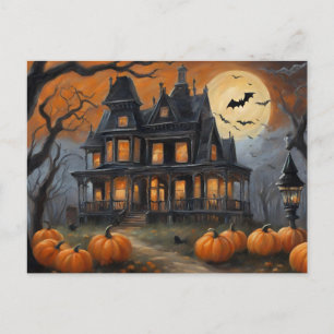 Vintage Halloween House and Full Moon Holiday Postcard