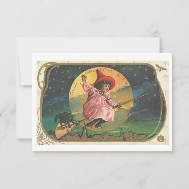 Vintage Halloween Invitations Witch On a Broom (Front)