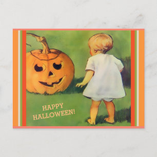 Vintage Halloween Jack-O-Lantern & Little Girl cpy Postcard