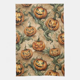 Vintage Halloween Jack-O-Lantern Vine Pattern Kitchen Towel