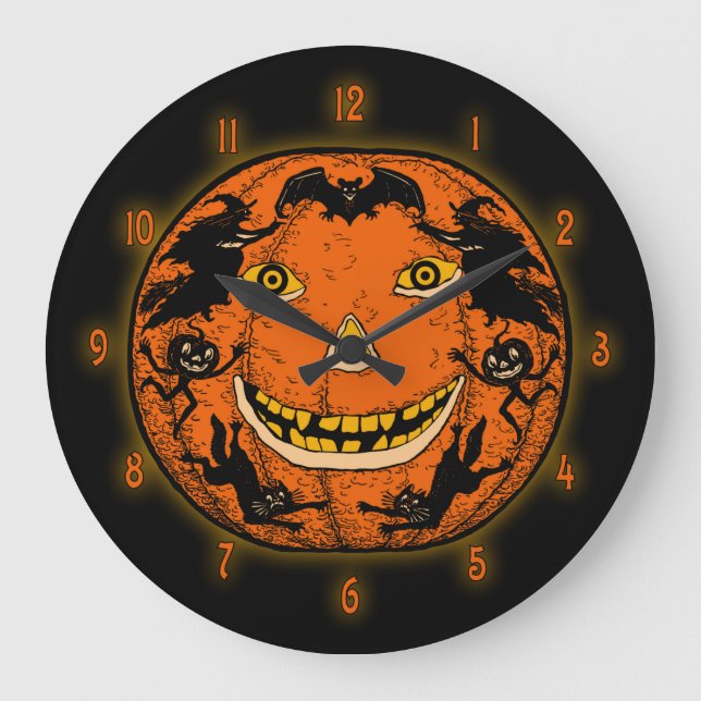 Vintage Halloween Jack O'Lantern Large Clock (Front)