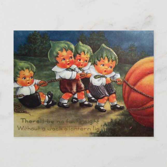 Vintage Halloween kids and pumpkin postcard (Front)
