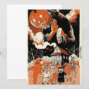 Vintage Halloween Kids And Scary Pumpkin