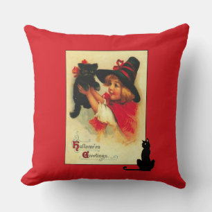 Vintage Halloween Kitten and Little Girl  Throw Pi Throw Pillow