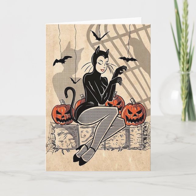 Vintage Halloween Lady In Cat Costume Card (Front)