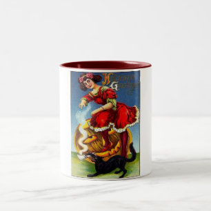 Vintage Halloween Lady in Red Two-Tone Coffee Mug