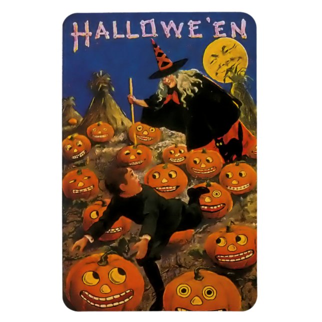 Vintage Halloween Magnet with Witch & Pumpkins (Vertical)