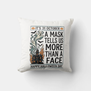 Vintage Halloween Mask Quote Vector Design_1 Throw Pillow