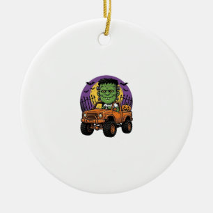 Vintage Halloween Monster Truck Pumpkin Shirt_1 Ceramic Ornament