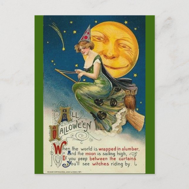 vintage-halloween-moon-owl-broomstick postcard (Front)
