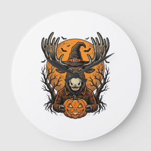 Vintage Halloween Moose Pumpkin Witch Hat Shirt_1 Large Clock