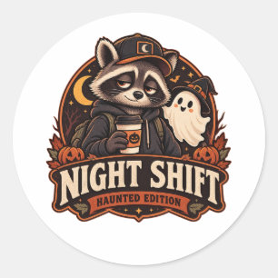 Vintage Halloween Night Shift Raccoon Haunted Edit Classic Round Sticker