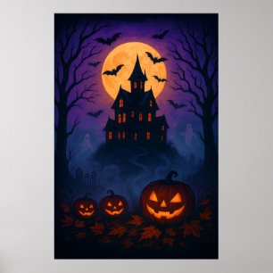 Vintage Halloween Night with Full Moon and Bats Poster