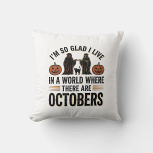 Vintage Halloween October Quote Pumpkin Cat Design Throw Pillow
